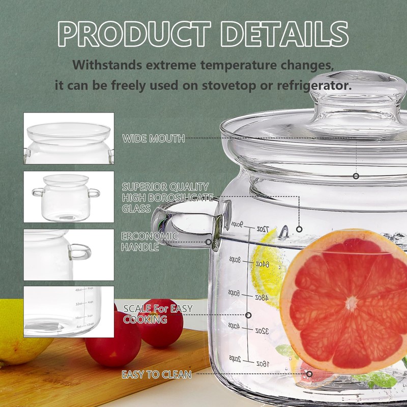 Jjojcll 2.3L(75oz) Glass Cooking Pot with Lid,Handmade Borosilicate Glass Stockpot