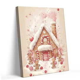 Christmas Gingerbread House Canvas Wall Art Decor - Festive Holiday Decor Featuring Gingerbread House with Candy Canes and Gingerbread Figures, 8X10 inch Winter Scene for Room, Kitchen or Kids' Room