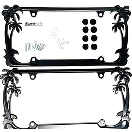 Tropical Palm Tree Chrome Polished License Plate Frame (2 Frames) with Screws Caps by Superb LNF (Black)