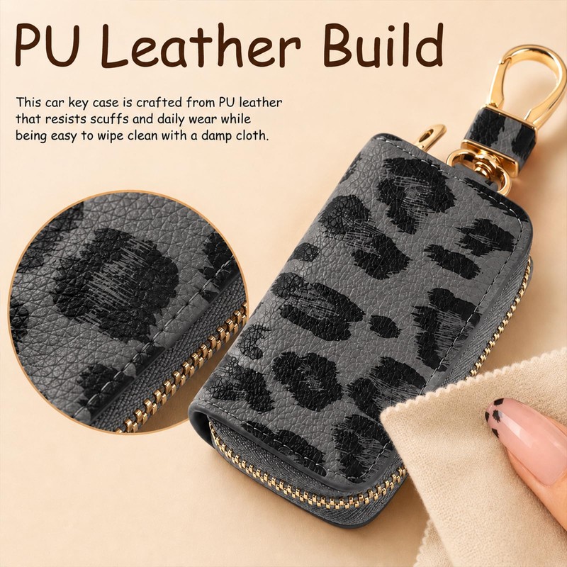 PU Leather Key Fob Holder Case,Leopard Print Car Key Case(Black)