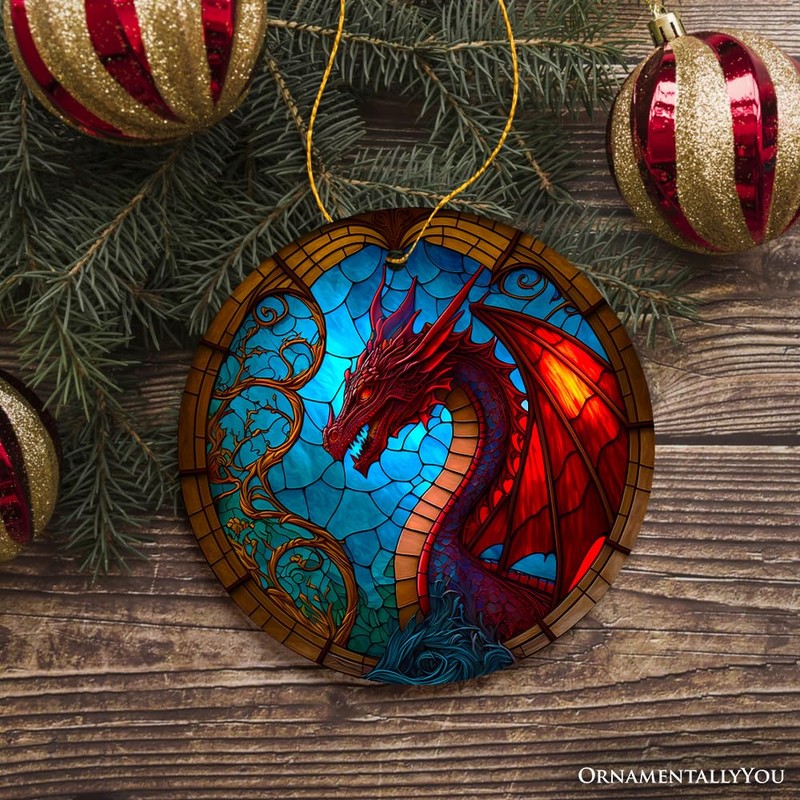 Fierce Dragon Stained Glass Style Ceramic Ornament, Unique Goth Tree