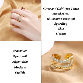Jojomina Mixed Metal Cross Ring for Women Gold and Silver Two Tone Rhinestone Statement Cocktail Rings for Party Prom Free Size, Zinc, Cubic Zirconia