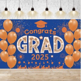 Congrats Grad 2025 Banner Orange Blue Graduation Banner Orange Graduation Party Decorations 2025 - Large Class of 2025 Graduation Photo Backdrop Graduation Party Supplies 2025-72x44 inch