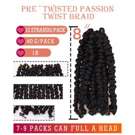 Miss Sula Passion Twist Hair-Pre-twisted Passion Twists,Pre-Looped Crochet Braids Made Of Bohemian Hair Synthetic Braiding Hair Extensions (8 Inch(Pack of 8), 1B)