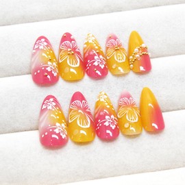 24pcs Flower Press on Nails Medium Almond Fake Nails with 3D Summer Floral Pearl Designs Gold Beads Stick on Nail Pink False Nails Gold Pink Gradient Acrylic Nail Full Cover Glue on Nails for Women