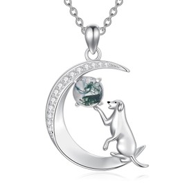 PROESS Moss Agate Dog Necklace for Women 925 Sterling Silver Moon Pendant Necklace Animal Moss Agate Jewelry Gifts for Her