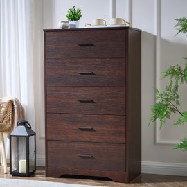 Dark Cherry Dresser for Bedroom Wooden, 5 Drawer Dressers & Chests of Drawers, Modern Wood Tall Dresser, 47 Inches Tall Chest of Drawers for Bedroom, Hallway, Living Room