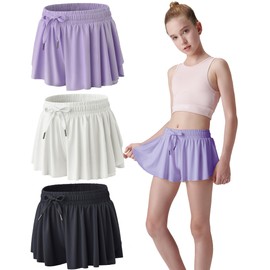 3 Pack Girls Flowy Shorts with Spandex Liner 2-in-1 Youth Butterfly Skirts for Fitness, Running, Sports (Set 7, Youth X-Large)