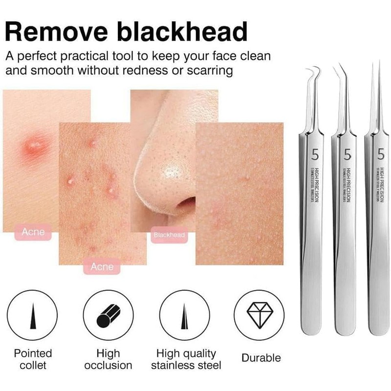 3 Pcs Professional Blackhead Tweezer Professional Facial Blackhead Remover Tweezers