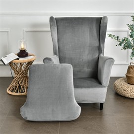 Wing Chair Slipcover 2 Piece Set - 2 IN 1 Design Removable Soft Velvet Wingback Chair Covers Armchair Stretch Covers Furniture Protector for Wingback Chairs Living Room Bedroom Hotel (Grey)