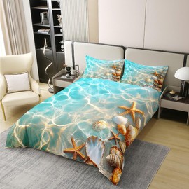 jejeloiu Coastal 100% Cotton Duvet Cover,Kids Boys Girls Queen Size Seashore Beach Bedding Set,Ultra Soft Beach Theme Comforter Cover Set Bedspread Cover,Shell Starfish Ocean Bedclothes,No Comforter