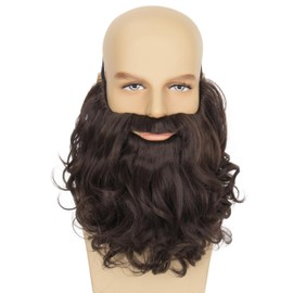 Yan Dream Men Brown Curly Fake Beard with Mustache Wavy Synthetic Facial Hair for Wizard Cosplay Costume