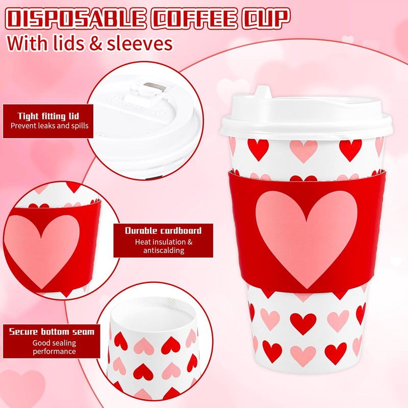 48 Sets Valentine's Day Disposable Coffee Cups with Lids and