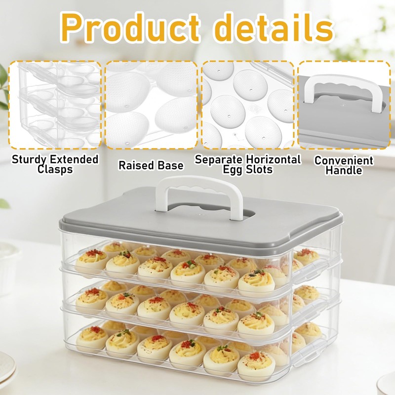 BOUTICOL 3-Layer Deviled Egg Container with Lid and Handle, Clear