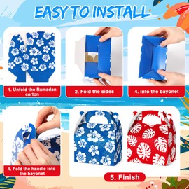 Engrowtic 12 Pcs Hawaiian Luau Party Favor Treat Boxes Blue and Red Cartoon Party Favor Paper Boxes Summer Tropical Hibiscus Palm Leaves Gable Goodie Bags for Birthday Aloha Birthday Pool Supplies