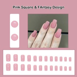 ANDGING Pink Square Press on Nails Short Medium Glue on Nails for Women Aesthetic Fake Nails with Designs Acrylic Full Cover Stick on Nails for Wedding Classy Manicure Gel False Nails