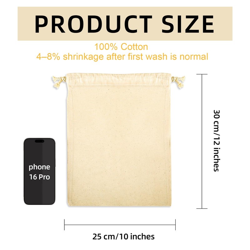 OKBA 12 Pack Cotton Muslin Drawstring Bags – Reusable Cloth