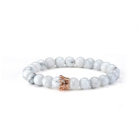Thajaling 2 pcs Couple Bracelet Black White Stone Bracelet Rose Gold & Silver Crown Queen 8mm Beads Bracelets