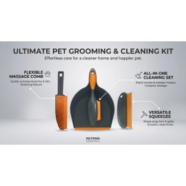 Paws & Co. Pet Hair Remover for Dogs Cats - 4-in-1 Cleaning Kit with Grooming Brush, Massage Comb & Dustpan - Fur Cleaner for Furniture, Carpet, Car, Sofa