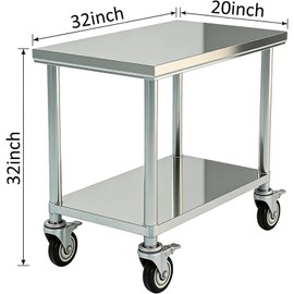 Stainless Steel Table Prep & Work with Wheels 20 x 32 Inches, NSF Commercial Heavy Duty Table with Undershelf and Galvanized Legs for Restaurant, Home and Hotel