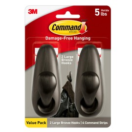 Command 5 lb Large Oil Rubbed Bronze Metal Hooks, 2 Hooks and 4 Command Strips, Damage Free Coat Hooks with Adhesive Strips, Forever Classic Hooks for Hanging Home Decor and Room Decor
