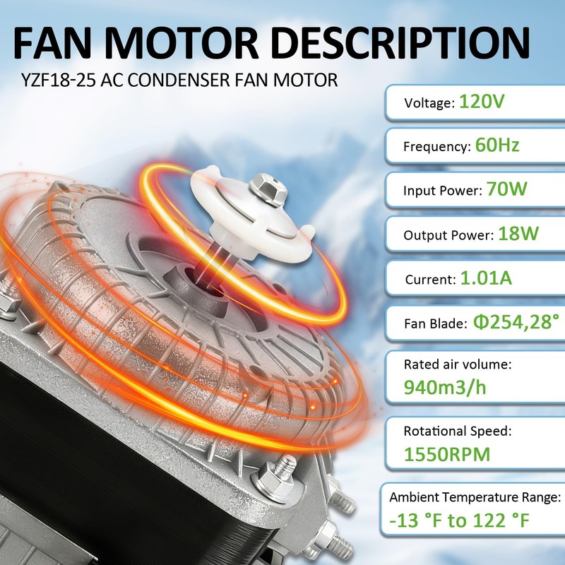 YZF18-25 Condenser Fan Motor 120V 60Hz 1550rpm 18/70W 1.01A AC