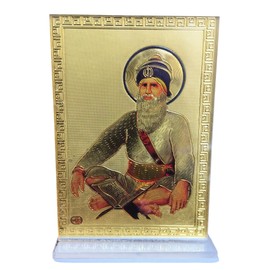 Baba Deep Singh Ji Sikh Religious Photo Frame With Stand | Golden Shiny | For Car Dashboard,Home And Mandir (2.8x0.8x3.8 inches.)