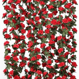 KHOYIME 5 Pack 40 FT Artificial Flower Garland, Fake Red Roses Vines Silk Flowers Faux Plastic Outdoor Hanging Floral Ivy Garland Decoration for Wedding Arch Bedroom Home Wall Backdrop Room Decor