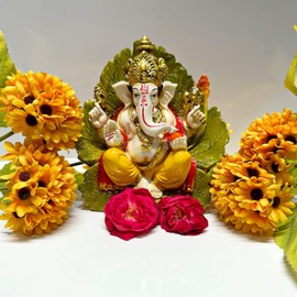 4OUR Faith Eco Friendly Handmade Palm Leaf Lord Ganesha for Visarjan | Ridhi Sidhi Idol for Home Décor Temple House Warming Gifting | Terracotta Ganesh Chaturthi Idol | Diwali Puja– 7’’ (Multi Color)