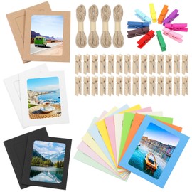 Keadic 84PCS 4 Inches Paper Picture Frames 4 Colors Cardboard Photo Frame with Wooden Clips and Strings Photo Display Banner for Home Office Wedding Party Decor
