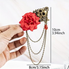 Men Vintage Skull Rose Tassel Chain Pin Brooch for Men Women,Punk Suit Tie Lapel Pin,Gothic Pin,Collar Chain Pin Clip Boyfriend Gifts (Red)