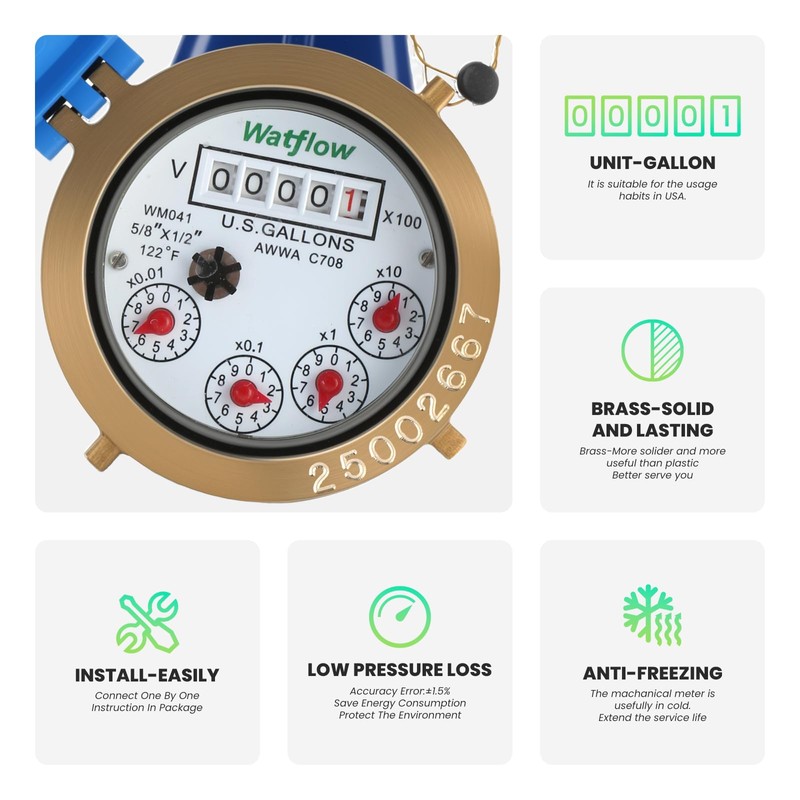 Watflow DN15 Vertical Water Meter with 1/2" NPT Couplings, Heavy