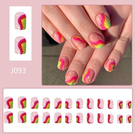Rose Red Press on Nails Short Square Fake Nails with Curve Star Designs Orange Yellow False Nails Summer Stick on Nails Polka Dot Full Cover Reusable Artificial Nails for Women Girls Manicure 24Pcs