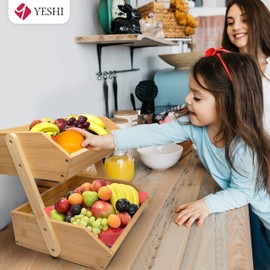 YESHI Bamboo Fruit Basket For Kitchen counter, 2 Tier Fruit Holder 11" Tall For Fruit and Vegetable Storage, Heavy Duty, Multipurpose, Large Capacity for Vegetables, Fruit, and Snack Display