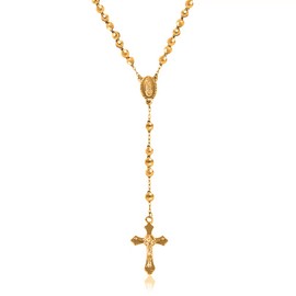 Savlano 14K Gold Plated Beaded Rosary Cross Necklace – 6.5MM Crucifix Cross Medallion Rosary Chain Y-Necklace for Women & Men Religious Jewelry Comes in Gold, Gold-Rose-Silver with a Gift Box (Y)