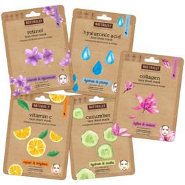 Naturally - Variety pack (Vitamin C, Hyaluronic Acid, Retinol, Cucumber, Collagen) - Perfect for at Home Spa Days, K-beauty inspired, Ingredients led, 5 Sheet Masks Included