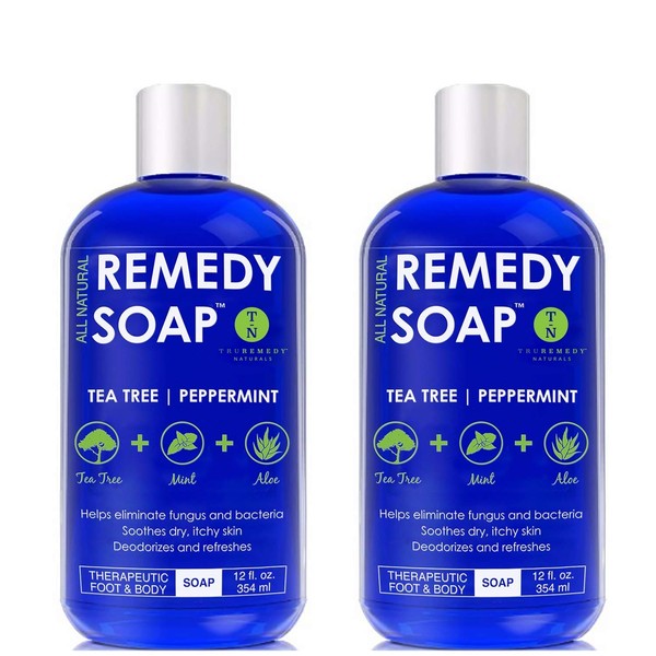 Remedy Soap Tea Tree Body Wash - Pack of 2 | Helps Wash Away Body Odor, Soothe Athlete's Foot, Ringworm, Jock Itch, Yeast Infections and Skin Irritations | Shower Gel for Women/Men | 100% Natural with Tea Tree Oil, Mint & Aloe (12 oz)