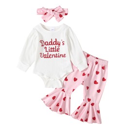 ADXSUN Baby Girl Valentine's Day Outfits Heart Print Romper+Flared Pants+Headband Infant Clothes 0-18 Months