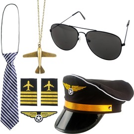6 Pcs Kids Pilot Captain Hat Pilot Costume Accessories Flight Airline Dress Up Costume Kit with Sunglasses for Boys Girls Cosplay Career Day