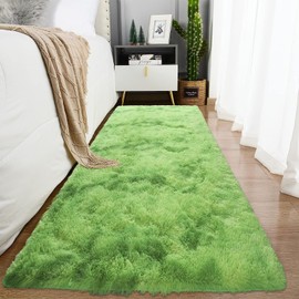 YUFANUHO 2x6 Green Tie-Dyed Runner Rugs for Bedroom, Ultra Soft Non-Slip Fluffy 2'x6' Grass Green Bedside Rug for Kids Room, Kitchen, Entryway, High Pile 2x6 Runner Laundry Carpets Bright Green