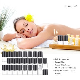 96 Pack Essential Oil Roller Bottles 1ml Clear Glass Roller Bottles for Oils (384 Pieces Labels, 8 Opener, 16 Funnels, 16 Dropper) Roll on Bottles with Stainless Steel Roller Balls