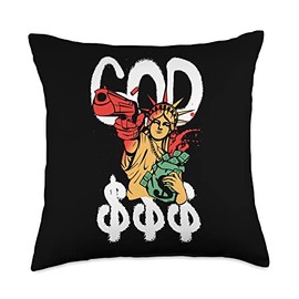 Statue Liberty Graffiti Street Art Gun Money Gift Statue of Liberty | Graffiti Street Art | Money Gun Throw Pillow, 18x18, Multicolor