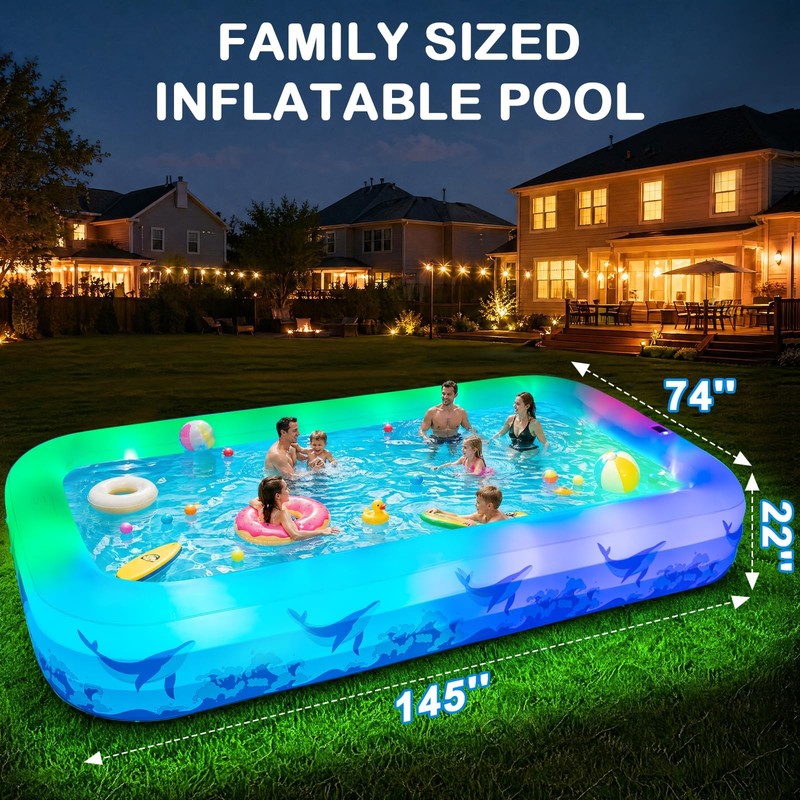 Large Inflatable Pool with Light, 12TF x 6.5TF Inflatable Swimming