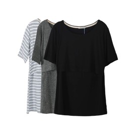 Smallshow 3 Pcs Maternity Nursing T-Shirt Nursing Tops Grey Stripe-Dim Grey-Black Medium