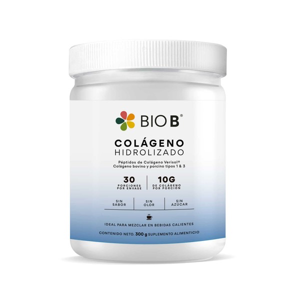 BIO B | Colágeno Hidrolizado Verisol® en polvo | Rinde 30 porciones con 10g de colágeno cada uno | 300 gr Colágeno bovino y porcino tipo 1 y 3