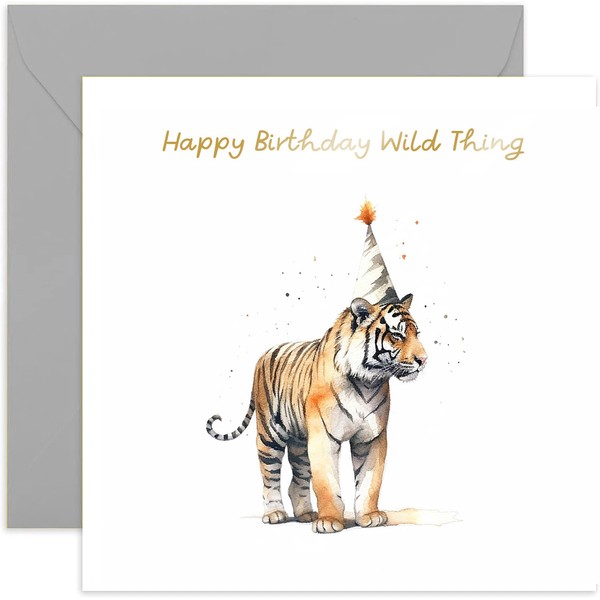 Old English Co. Wild Thing Tiger Birthday Card for Her - Tiger Party Hat Birthday Card for Mum, Dad, Daughter, Son - Gold Foil Birthday Card for Women and Men | Blank Inside with Envelope