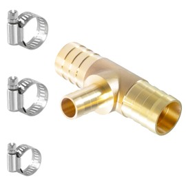 Sctihwelire Brass Reducing Tee Hose Barb Fitting 3-Way T Adapter, 3/4 (20mm) to 1/2 (12mm) to 3/4 (20mm) Splicer Mender Reducing with Stainless Steel Clamps air Hose Repair kit for Pipe Line/Fuel/Air