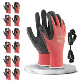 FUZZIO 12 Pairs Men's Work Gloves, Size 9, Mechanic Gloves, Red, Gardening Gloves, Men, Work Gloves, Women, Assembly Gloves, Men, Latex Coating with Glove Clip