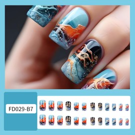 EYZOTSF Press on Nails Short Square Shaped Acrylic Extra Short Length Square False Nails with Designs Artificial Fake Nail with Charms Glue Stick ons Fingernails for Women Girls(FD029)
