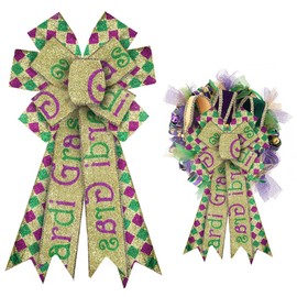 ALIBBON Large Mardi Gras Bows for Wreaths, Mardi Gras Wreath Bows, Glitter Gold Purple Green Bows, Buffalo Plaid Bows for Front Door, Mardi Gras Decorations Bows for Mardi Gras Carnival Decor